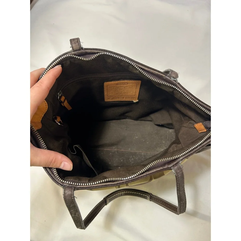 Coach Signature Canvas Tote Brown Tan Leather Trim Shoulder Bag - Picture 8 of 12